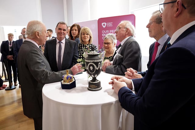 King Charles attends a reception at Banbridge Old Town Hall, celebrating Banbridge’s local businesses, and rich heritage of arts and culture.