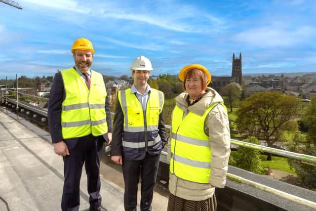 Taking in the spectacular view of Coleraine town centre at a recent Northern Regional College site visit are (from L-R) Mel Higgins, NRC Principal & Chief Executive, Ken Nelson, Chair of NRC Governing Body, and Heather Cousins, Head of Skills and Education in the Department for the Economy.