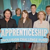 Pictured at the announcement of projects successful in applying for funding through DfE's Apprenticeship Inclusion Challenge Fund are (l-r) Marion McMahon, St Paul's High School, Bessbrook; Lynn Carvill, Women's Tec; Dr Catherine O'Mullan, North West Regional College; Economy Minister Dr Caoimhe Archibald; Richard Kirk, Workplus; Gabrielle Quinn, Northern Regional College; and Dr Andrew Kerr, Oberon Training and Development. CREDIT PETER O'HARA PHOTOGRAPHY