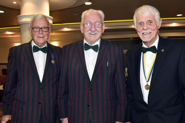 Enjoying the Portadown Rotary Club charity dinner on Friday night are from left, Paul McConnell and Eamonn Fleming, Portadown Male Voice Choir and Past President Darryl Magee. PT19-224.