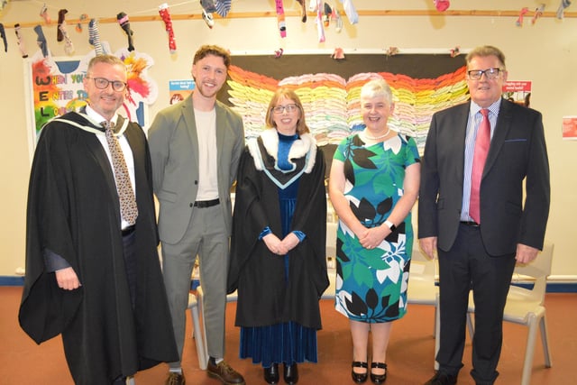 25 years service - Mr Ian McConaghy Headmaster, Jordan Kenny guest speaker and Mr Alan Poots Chairman of the Board of Governors with two members of staff who have 25 years service, Mrs Deborah Walker and Mrs Avril McMurran.