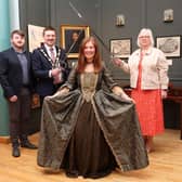 Back row (L-R) Councillor Aaron McIntyre, Chair of the Leisure and Community Development Committee; The Right Worshipful the Mayor, Councillor Scott Carson and Councillor Hazel Legge, Chair of the King’s Coronation Working Group. Front row is Catherine Thompson, part of the education team in ILC&LM in seventeenth century costume to reflect the period of 1660s when Lisburn was rewarded for its loyalty to Charles II by granting a Tuesday market and Cathedral status to Lisburn.