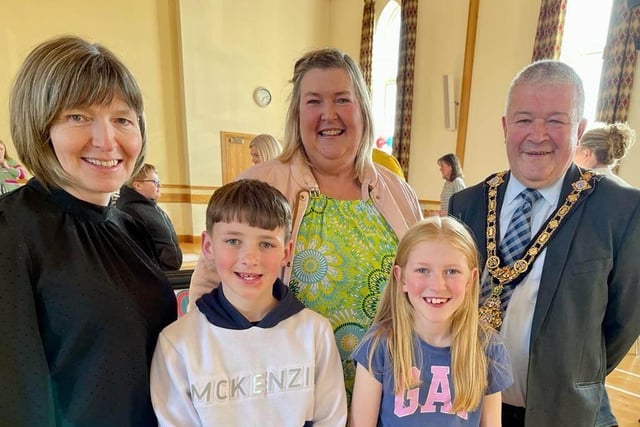 Mayor of Causeway Coast and Glens Borough Council, Cllr Ivor Wallace (right) who opened the Meet and Eat event pictured with (from left) Elaine Anderson, principal Ballytober PS; Ethan; Cllr Sandra Hunter; Katelyn.