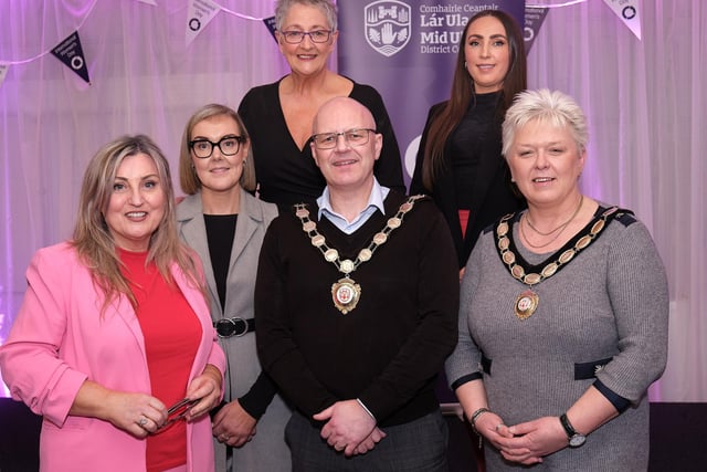 Chair of Mid Ulster District Council, Councillor Dominic Molloy is pictured with Deputy Chair, Councillor Meta Graham and speakers, Lynda Bryans, Nichola Simpson, Carol Doey and Jade Bradley, at the first International Women’s Day event at the Royal Hotel, Cookstown.