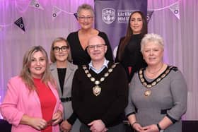 Chair of Mid Ulster District Council, Councillor Dominic Molloy is pictured with Deputy Chair, Councillor Meta Graham and speakers, Lynda Bryans, Nichola Simpson, Carol Doey and Jade Bradley, at the first International Women’s Day event at the Royal Hotel, Cookstown.