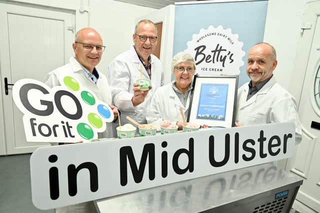 Pictured, from left,  is Councillor Dominic Molloy, Chair of Mid Ulster District Council, Trevor Boyd, Co- Founder of Betty’s Ice Cream, Barbara Boyd, Co- Founder of Betty’s Ice Cream, Jarlath Anderson, Business Advisor at Enterprise NI Dungannon. Credit: Simon Graham