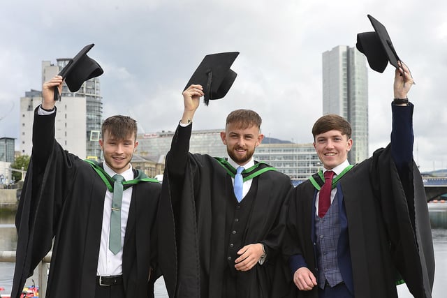 Three cheers on graduation day from Sports Sciences students Andrew McIlwaine from Banbridge, Caolan Conlon from Crossgar and Tony Carson from Downpatrick.
