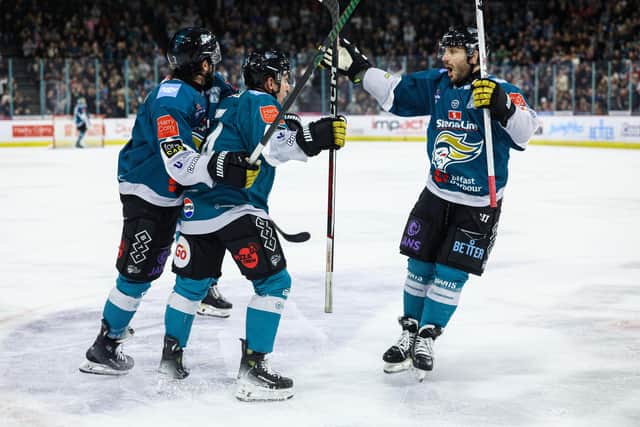 Belfast Giants’ David Goodwin celebrates scoring against the Cardiff Devils during Saturday night’s Elite Ice Hockey League game at the SSE Arena, Belfast. Photo by William Cherry/Presseye