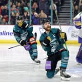 Belfast Giants’ Ciaran Long celebrates scoring against the Fife Flyers with Mark Cooper during Wednesday nights Challenge Cup Final at the SSE Arena, Belfast.  Photo by William Cherry/Presseye