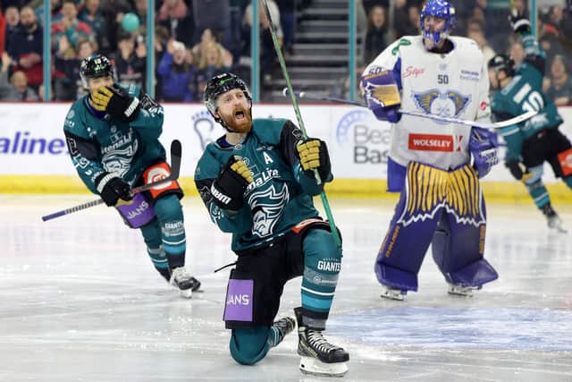 Belfast Giants’ Ciaran Long celebrates scoring against the Fife Flyers with Mark Cooper during Wednesday nights Challenge Cup Final at the SSE Arena, Belfast. Photo by William Cherry/Presseye