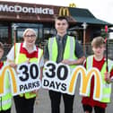 McDonald’s employees Lynsey Allan and Leo McBrien were joined by players Oscar Kelso and Matthew Gracey from Hillsborough Boys FC. Pic credit: McDonald's