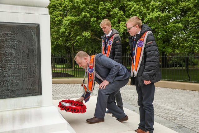 Bro Ian Walker laid a wreath at the Cenotaph with his sons Ross & Kyle to Commemorate the 13th Anniversary of the Death of his Brother Cpl Stephen Walker RM, KIA Afghanistan May 21, 2010. Pic by Norman Briggs, rnbphotographyni