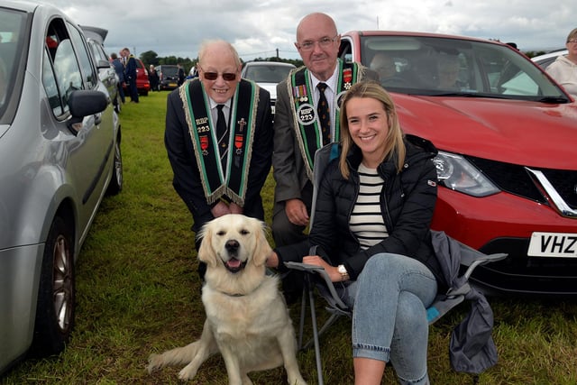 Pictured at the field during the RBP Last Saturday parade in Loughgall are Jim Mehaffey and Leslie Maguire of Teagy RBP 23, Annaghmore and Courtney Halliday from Loughgall and her golden retreiver, Heidi. PT35-209.