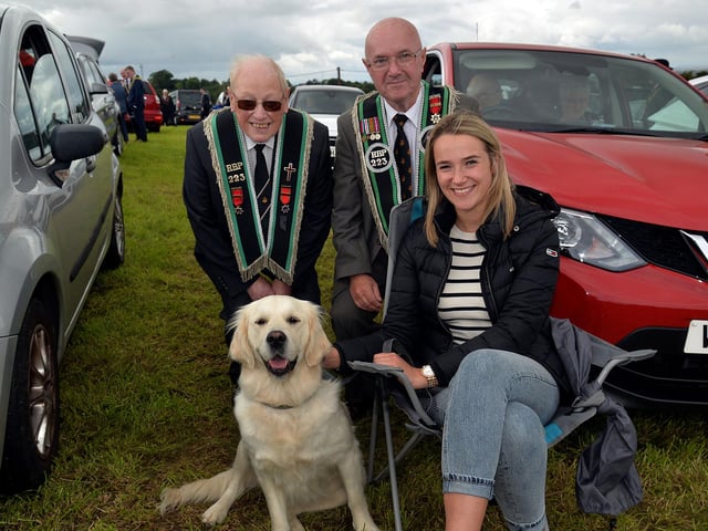 Pictured at the field during the RBP Last Saturday parade in Loughgall are Jim Mehaffey and Leslie Maguire of Teagy RBP 23, Annaghmore and Courtney Halliday from Loughgall and her golden retreiver, Heidi. PT35-209.