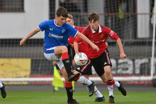 Rangers Findlay Curtis  in action with Manchester United’s Jayce Fitzgerald

Photo by  Stephen Hamilton/Presseye