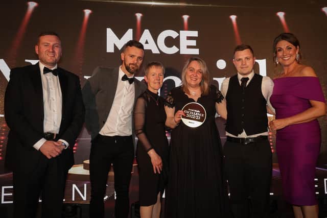 Celebrating winning the Mace Excellence in Social Media award are Arlene McFarland (third from right) from Mace McFarland’s Newmills with store colleagues Carole Burnside and Adam Jones. They are joined by Desi Derby, Musgrave NI Marketing Director (left), Lee Coxon from category sponsor Mars Confectionary (second left) and host Sarah Travers.