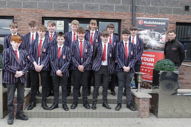 Coleraine Grammar School pupils pictured during their visit to Hutchinson Engineering with Production Manager, Ryan Stewart