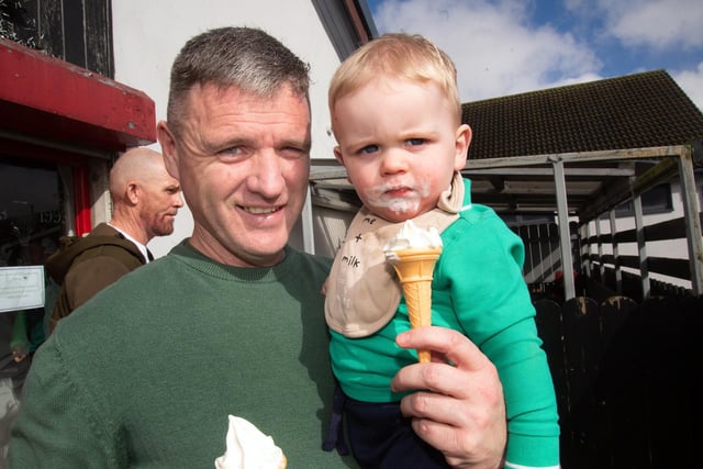 Having an ice time at the Tír Na nÓg GFC St Patrick's Day party on Sunday are Brian Carvill and son Caoilte (1). PT12-231.
