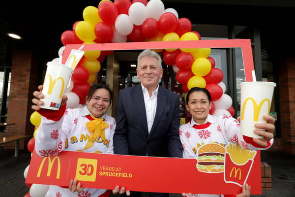 Doralyn Mercado, McDonald’s Sprucefield Franchisee John McCollum and Codie Tarroza. Pic credit: McDonalds