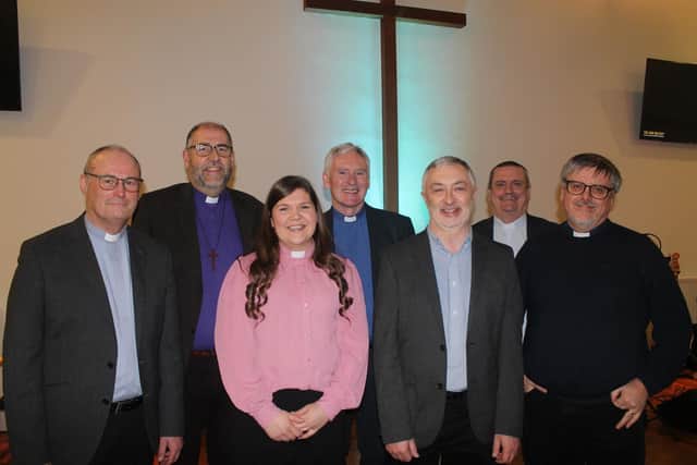 At the Introduction and Licensing of the Rev Danielle McCullagh as Chaplain at The Hub, Belfast, held in the Church of the Resurrection on February 15 are, from left: The Rev Canon William Taggart, Connor Diocesan Registrar; the Rt Rev George Davison, Bishop of Connor; the Rev Danielle McCullagh; the Very Rev Sam Wright, Dean of Connor, preacher; John Unsworth, Chair of the Board at the Hub; the Rev Philip Agnew, North Eastern District Superintendent, Methodist Church; and the Rev David Campton, South and Central Belfast Circuit Superintendent, Methodist Church.
