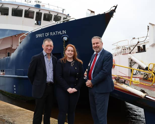 Dunaverty Ltd has celebrated a successful first year as operators of the lifeline ferry service to Rathlin Island, by announcing it has increased its team to 18 staff.  Pictured are Charles Stewart, director at Dunaverty Ltd, Dawn Hynes, managing director at Dunaverty Ltd and Robert Lynn, business manager at Danske Bank