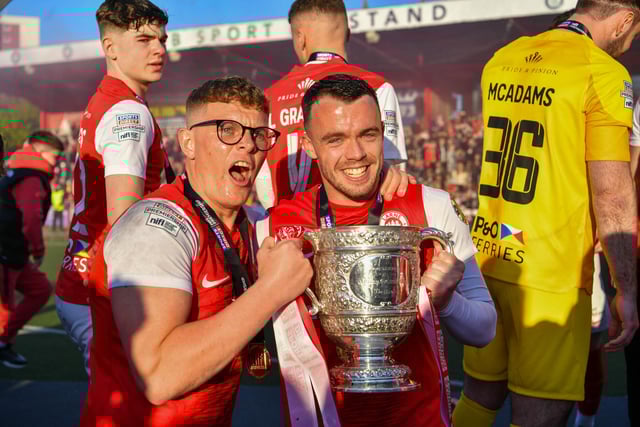Chris Gallagher and Levi Ives of Larne with the Gibson Cup.