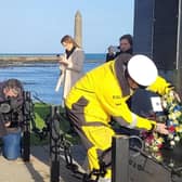 The Mayor, Alderman Noel Williams, laying a wreath at the Princess Victoria Memorial in Larne. Photos courtesy of Mid and East Antrim Borough Council.