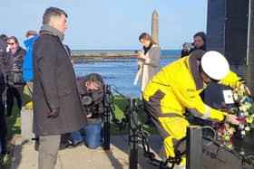 The Mayor, Alderman Noel Williams, laying a wreath at the Princess Victoria Memorial in Larne. Photos courtesy of Mid and East Antrim Borough Council.