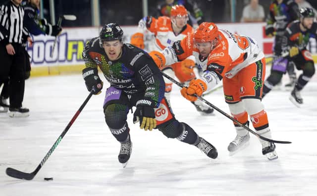 Belfast Giants’ Donovan Neuls with Sheffield Steelers' Brendan Connolly during Friday's Elite Ice Hockey League game at the SSE Arena, Belfast. Photo by William Cherry/Presseye
