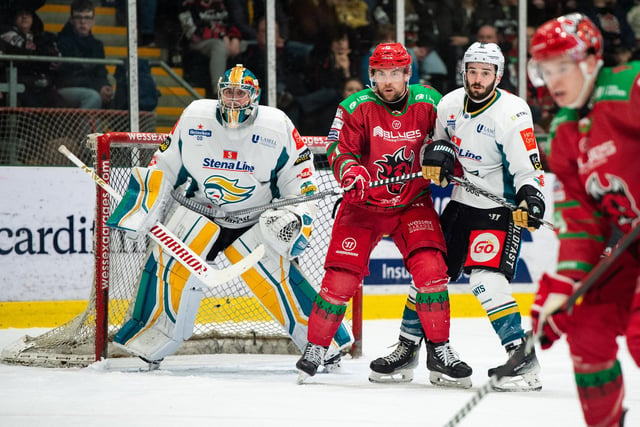 Belfast Giants' goalie Jackson Whistle and defenceman Jeff Baum in action against the Cardiff Devils. Picture: James Assinder
