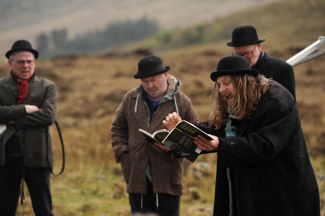 Andrew Bennett (Pozzo), David Pearse (Estragon), Tadgh Murphy (Lucky) & Conor Grimes (Vladimir) performing Waiting for Godot at the Oh My Godot! event, 12 April 25