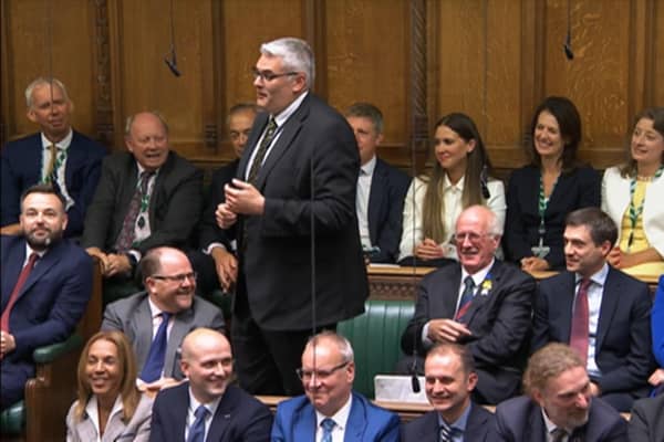 DUP leader Gavin Robinson MP speaking at the resumption of the House of Commons in July.