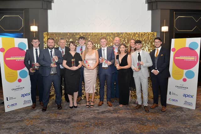 Celebrating success at the National World Northern Ireland World Apprenticeship Awards 2023 in the Hilton, Belfast. Picture: Tony Hendron.