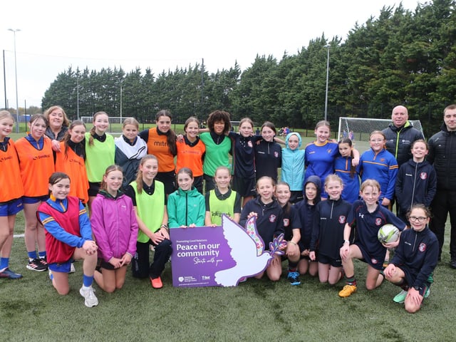 Pupils from Coleraine Grammar & Loreto College who participated in “Different Ball Same Goal” sessions in Coleraine during October. Included in the photo is Stephen McCartney, Sports Development Manager (Performance & Coaching).