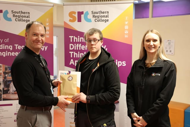 Joinery student Taylor Crooks alongside CITB Director Rachel Dorovatas and SRC Curriculum Area Manager Gareth Mone. Picture: SRC