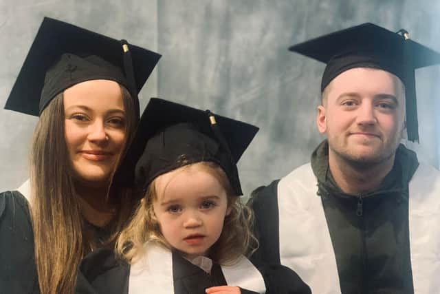 Celebrating her graduation, Chloe Stringer, Dylan Kinney and their daughter Aria. Pic credit: SEHSCT