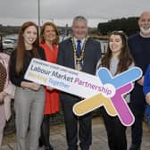 (L – R) Catherine Butcher - Roe Valley Residents Association, Dearbháile Hutchinson - LMP Development Officer, Janice Tracey - Janice Tracey Nutrition, Mayor of Causeway Coast and Glens Councillor Ivor Wallace, Chloe Stewart - LMP Admin Officer, Marc McGerty - LMP Manager, Karen Campbell - Roe Valley Residents Association.