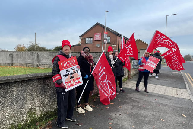 Flying the flag on picket line at Carrick PS in Lurgan, Co Armagh.  Hundreds of school support staff from unions such as Unison, Unite, GMB and NIPSA joined the strike on the second day in what will be one of the biggest strikes among non-teaching unions in years. The ongoing industrial dispute is over the failure to deliver a pay and grading review to education workers as part of a negotiated resolution of the 2022 pay dispute.