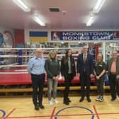 Education Minister Paul Givan MLA alongside Monkstown Boxing Club's Chairperson Billy Snoddy MBE, Project Manager Paul Johnston MBE, Lead Youth Worker Amy Stewart and service users. (Pic: Department of Education).