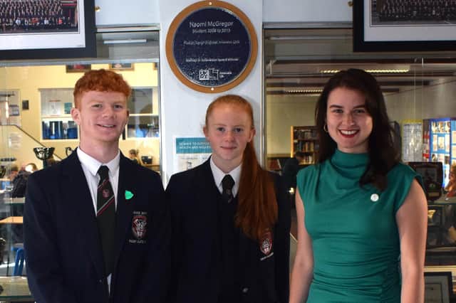 L-R Head Boy Jordan McAuley, Head Girl Kia McCartney with Naomi McGregor. Credit Coleraine Grammar School