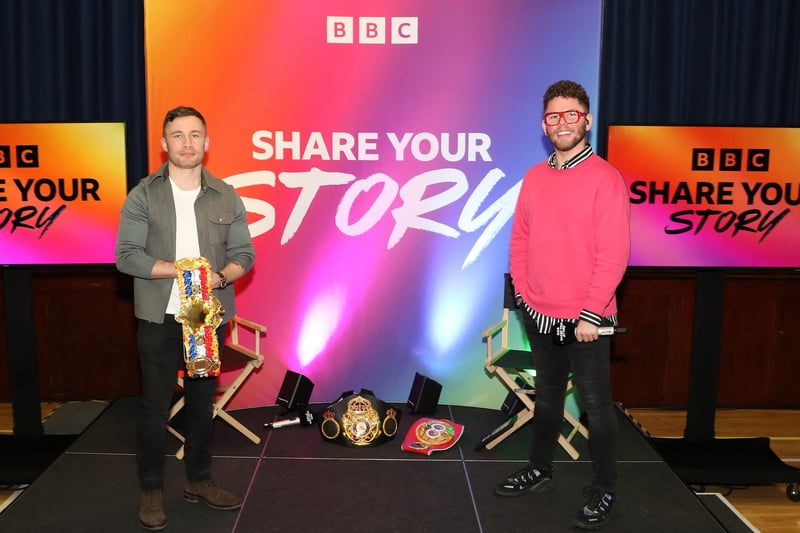 Radio One presenter Dean McCullough attended Glengormley High School. Dean currently presents the afternoon show on the channel. He is pictured with fellow former pupil of Glengormley High,  boxer Carl Frampton. Photograph Declan Roughan / Press Eye.