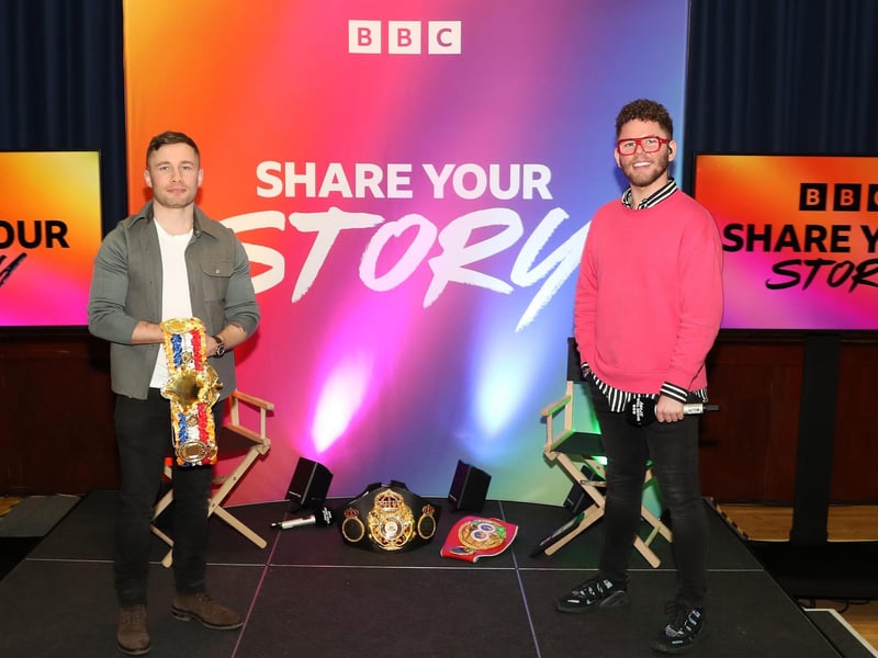 Radio One presenter Dean McCullough attended Glengormley High School. Dean currently presents the afternoon show on the channel. He is pictured with fellow former pupil of Glengormley High, boxer Carl Frampton. Photograph Declan Roughan / Press Eye.