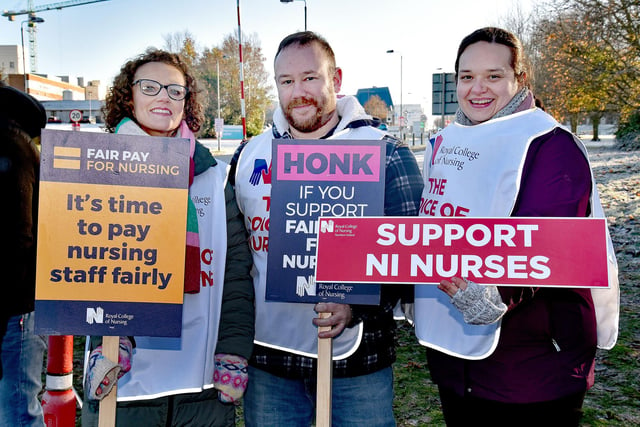 Mental health department nursing staff on strike on Thursday including from left, Aideen Kinch-O'Kane, Edward Fawceett and Rebecca Fearon. PT50-203.