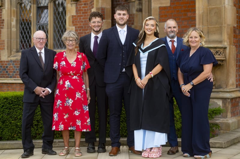 Emer Melville, from Dromora, who graduated with a degree in Business with Management, pictured celebrating with her family.
