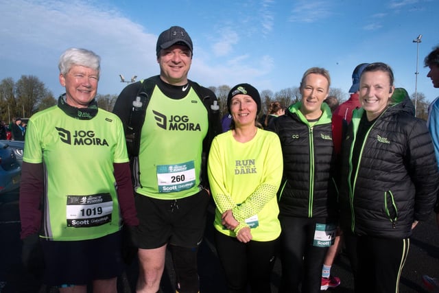 Some of the runners from Jog Moira Running Club who took part in the Portadown Festival of Running 10K and half marathon on Sunday. Included from left are, Anne Bell, David Harvey, Deana Harvey, Claire Calderwood and Gillian Murphy. PT13-202.