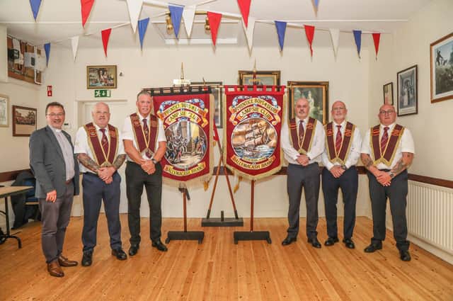 Archdeacon Paul Dundas, Ivor McAllister, Dean Sinclair, Paul Wray, Glen Donnell & Paul Downey at the Unfurling & Dedication of 2 new Bannerettes for The Apprentice Boys of Derry, Campsie Club, Ballymacash Branch.