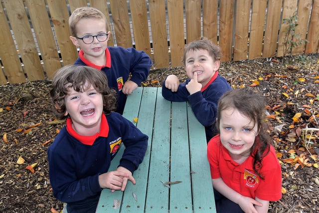 Getting together at Orchard County Primary School Nursery Unit are pupils from left, Gideon, Arthur, Aubrey and Katie. PT41-330.