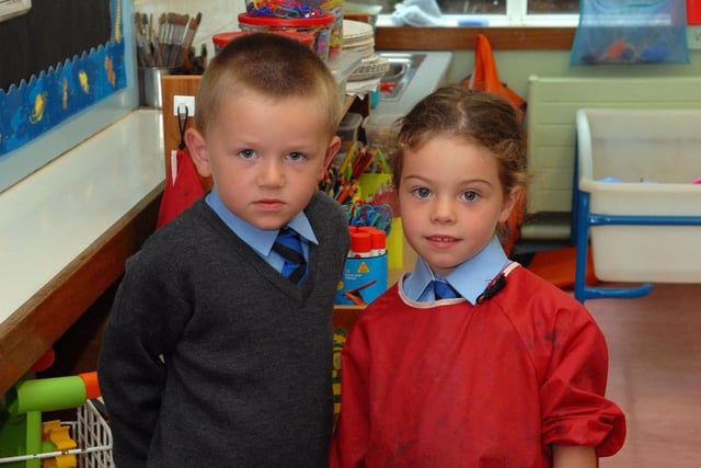 At the sand tray at St Mary's Primary School, Derrymore in 2007 are Alex Johnston and Angela Loughran.