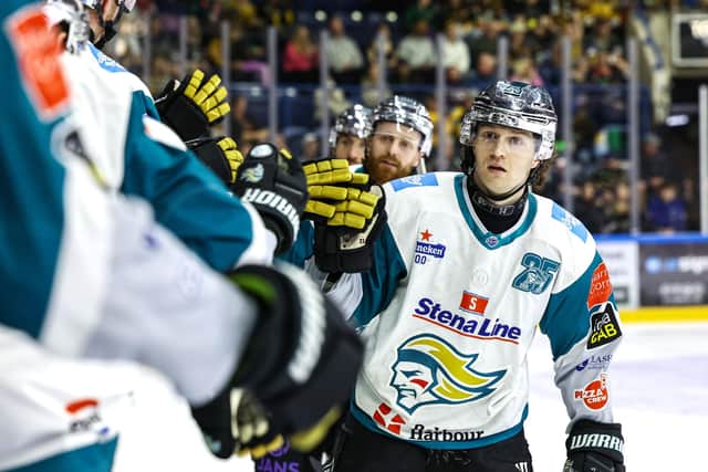 Belfast Giants’ Mike Lee celebrates scoring against the Nottingham Panthers during Sunday night's Elite Ice Hockey League game at the Motorpoint Arena, Nottingham. Photo by William Cherry/Presseye