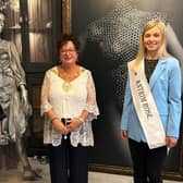 Mayor of Mid and East Antrim, Alderman Gerardine Mulvenna with Antrim Rose Mollie and Larne designer Geraldine Connon.  Photo:  Gerardine Mulvenna